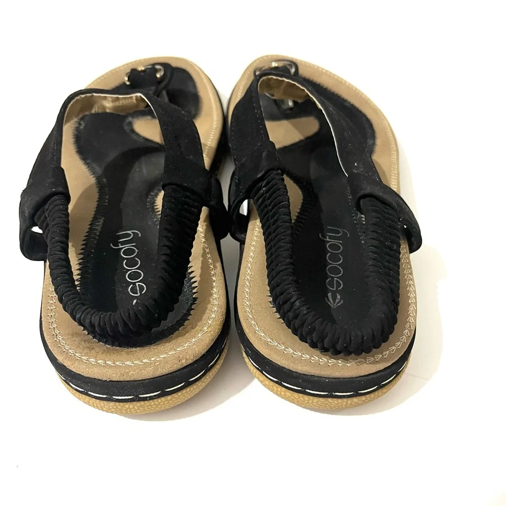 Socofy Black & Gold Thong Slingback Sandals Women’s Comfort Boho Strappy Size 7